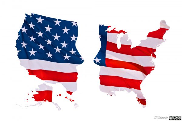 A U.S. flag in the shape of the U.S., split down the middle with two faces on either side.