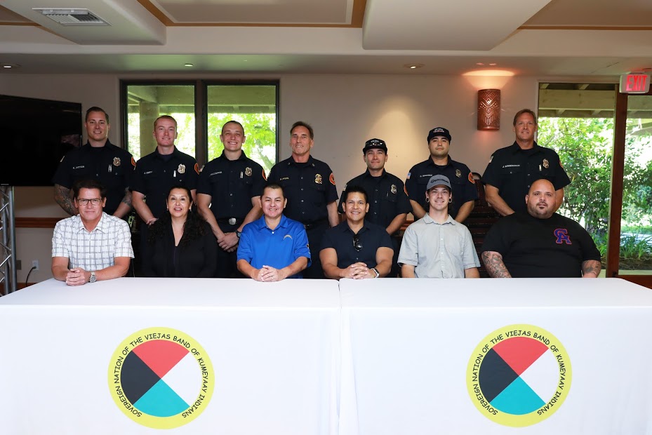 Viejas Band Fire Department (top) and Tribal Council (bottom). Bob Pfohl is the center figure in the top row; Gabriel TeSam is the second figure from the right in the bottom row.